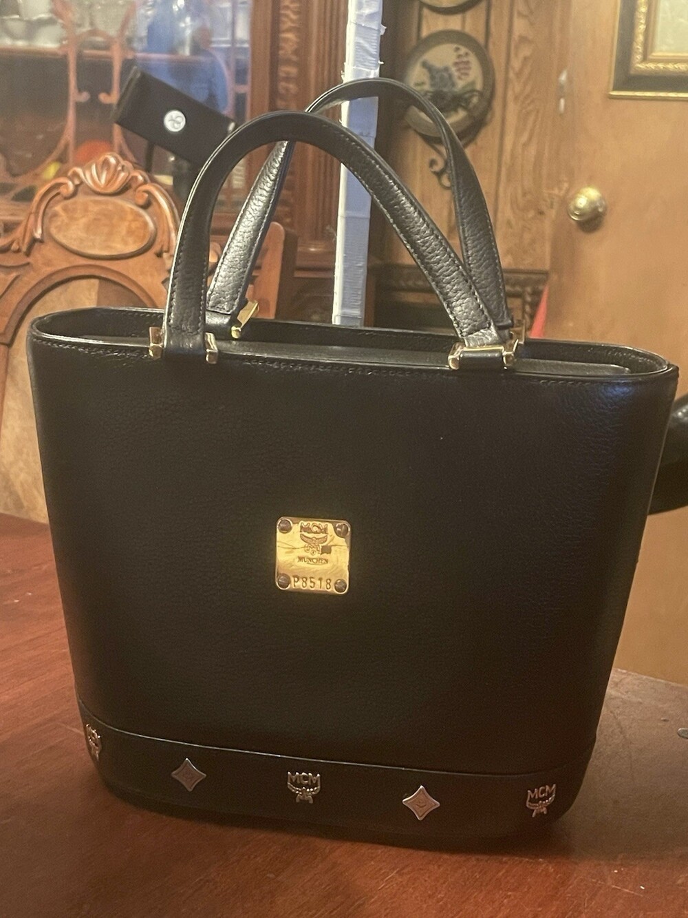 Authentic MCM Women’s Black Mini Leather Double Strap Tote Handbag P8518